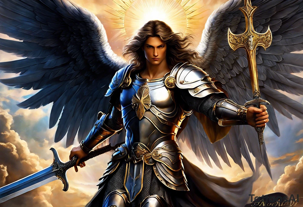 **Tattoo Design: Archangel Michael**

- **Central Theme**: Archangel Michael, majestic and powerful, stands ready with a raised sword, prepared to battle evil.
- **Appearance**: The figure of Archangel Michael depicted in full angelic armor, with majestic wings spread wide.
- **Expression**: His stance conveys strength, courage, and determination in defense of good.
- **Details**: Focus on intricate details such as facial features, armor embellishments, and the raised sword.
- **Background**: May be stylized as celestial, with rays of light or clouds, accentuating the divine presence of Archangel Michael.
- **Placement**: Intended for placement on the chosen body area, with the option to adjust the size according to personal preferences. tattoo idea
