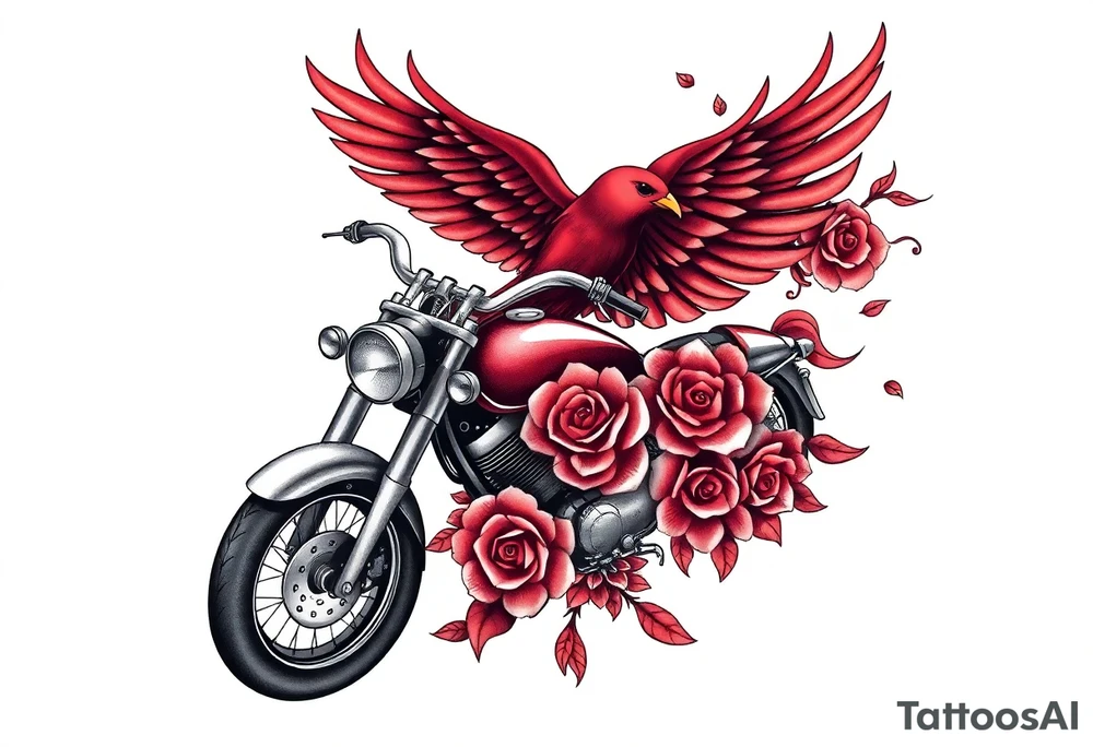 Motorcycle, red bird flying, roses and lace, flames tattoo idea