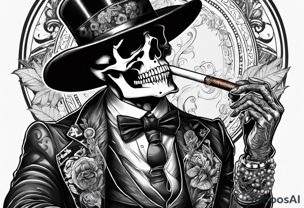 skeleton smoking cigar with poker chips tattoo idea