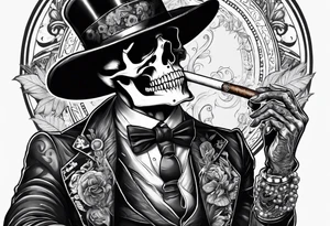 skeleton smoking cigar with poker chips tattoo idea