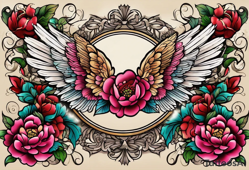 beautiful angel wings with colorful, peonies. beautiful flilligree in the background , full color, traditional old school tattoo idea