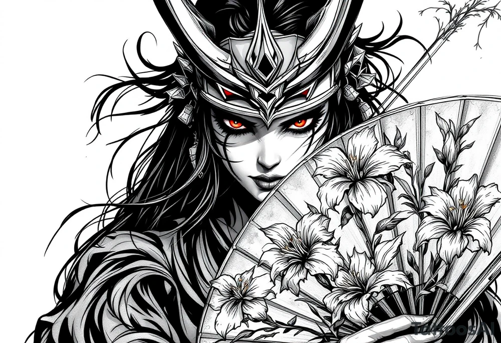 Woman samurai with red eyes wearing an half and broken kitsune mask, holding katana and japanese fan with Iris flowers tattoo idea