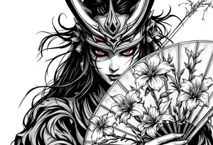 Woman samurai with red eyes wearing an half and broken kitsune mask, holding katana and japanese fan with Iris flowers tattoo idea