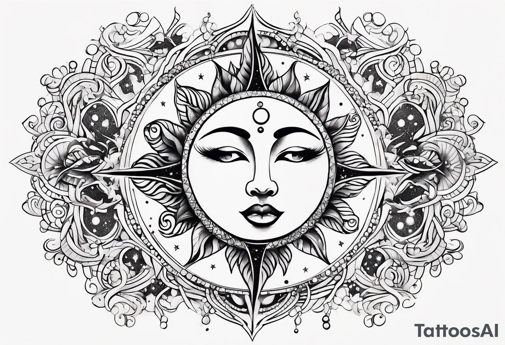 Feminine Sun and moon. long rectangular sternum swirls with dots and stars tattoo idea