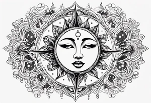 Feminine Sun and moon. long rectangular sternum swirls with dots and stars tattoo idea
