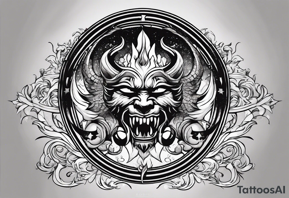 I want a minimalist design of the battle I face between good and evil. God vs the devil , good vs evil , indulgence vs discipline. 2 sides of the one coin that is my personality. tattoo idea