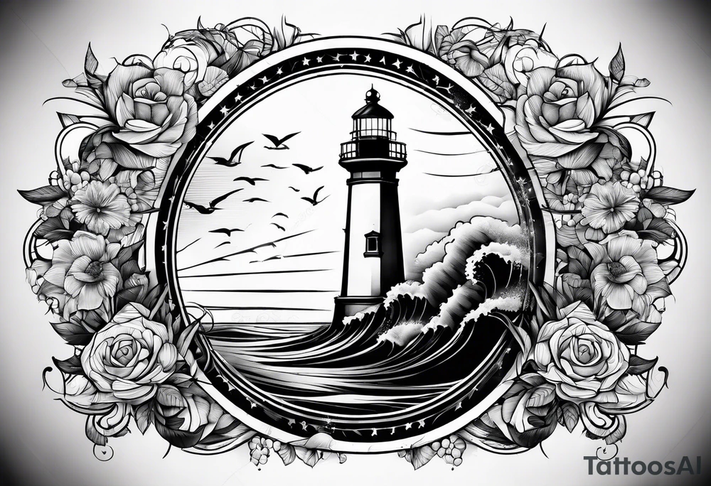 maritime lighthouse partially hidden by its  large fixed sails. tattoo idea