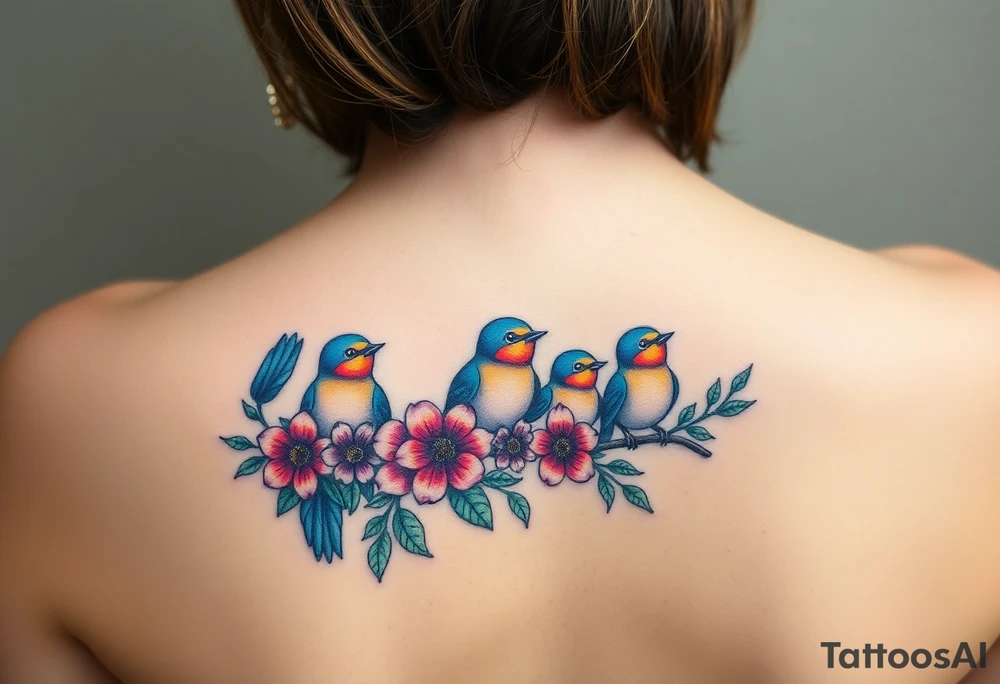 Mom bird and three baby birds with flowers tattoo idea