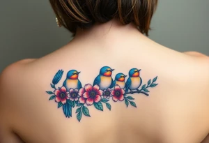 Mom bird and three baby birds with flowers tattoo idea