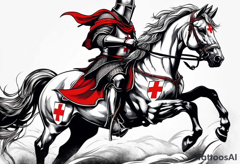 Templer knight on horse with sword and shield with red cross tattoo idea