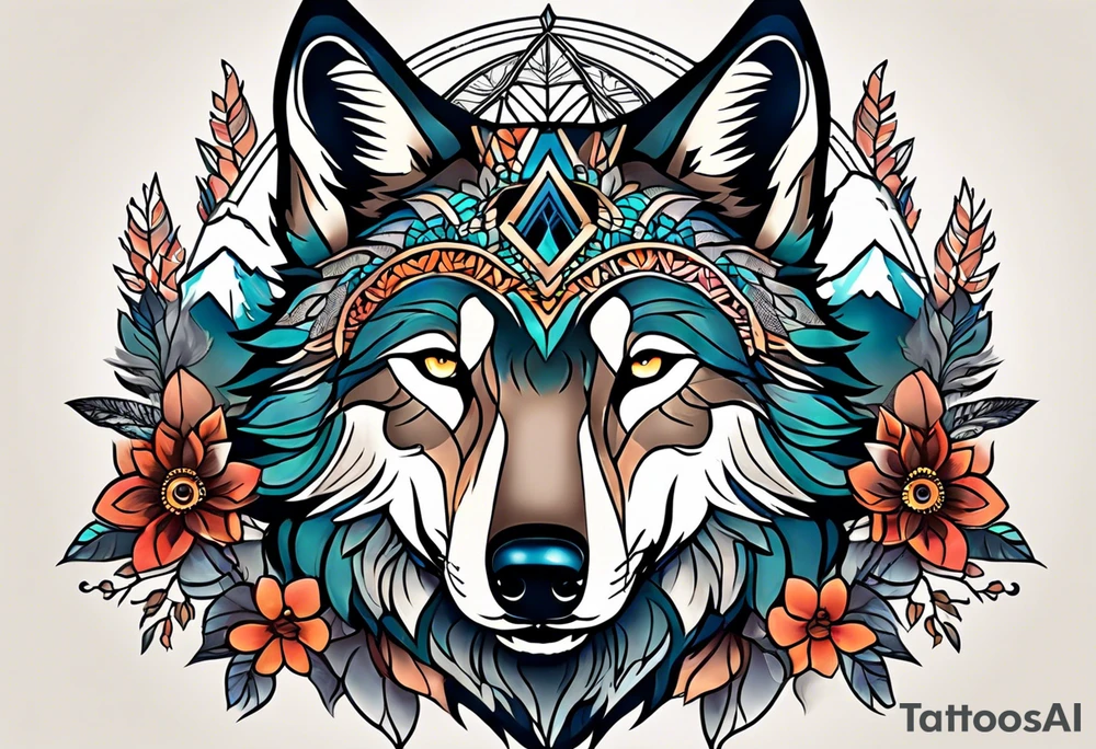 A whimsical wolf tattoo featuring mandala or dream catcher elements, with the wolf as the central focus, surrounded by mountains in the background. Include flowers and nature elements to fill the space around the wolf. tattoo idea