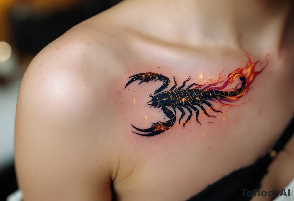 The celestial scorpion creeps across the night in streaks of golden scorpio star constellation lit by Antares’ burning red flame tattoo idea