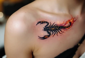 The celestial scorpion creeps across the night in streaks of golden scorpio star constellation lit by Antares’ burning red flame tattoo idea
