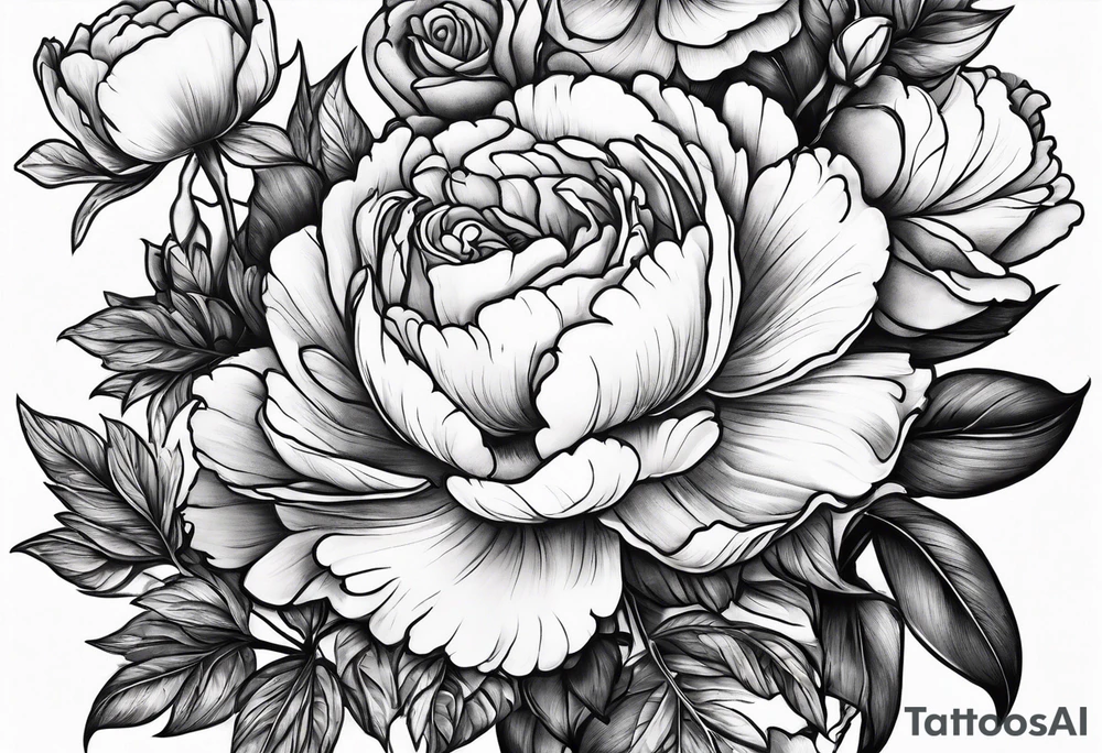 Snapdragon, peonies, and roses mixed together tattoo idea