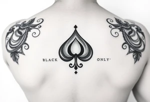 A spade womb tattoo with a Q in the center, with three points around the outside. The first reading, "BLACK". The second reading, "seed". The third reading, "ONLY". tattoo idea