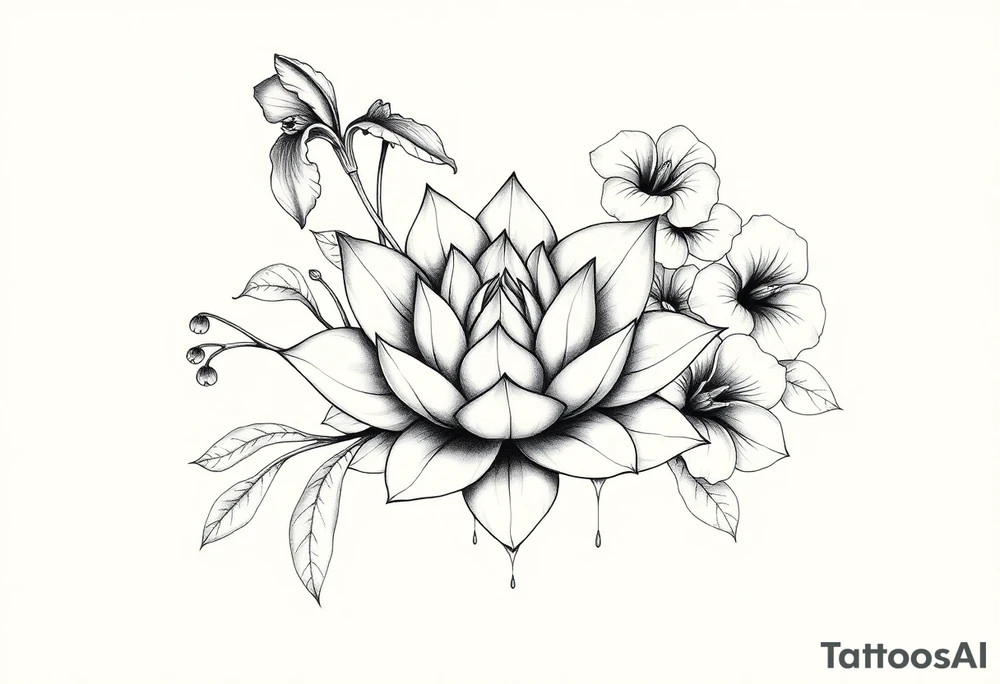 Geometric lotus surrounded by Lilly of the valley on left side iris above and morning glory flowers to the right. tattoo idea