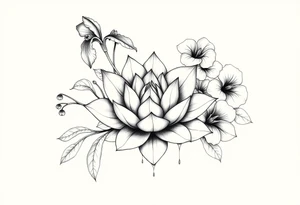 Geometric lotus surrounded by Lilly of the valley on left side iris above and morning glory flowers to the right. tattoo idea