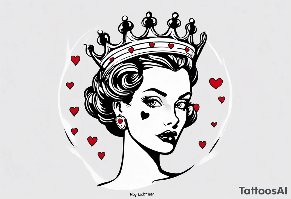 pin-up queen of hearts with white eyes and a crown tattoo idea