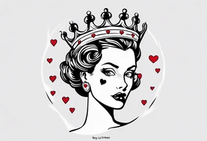 pin-up queen of hearts with white eyes and a crown tattoo idea