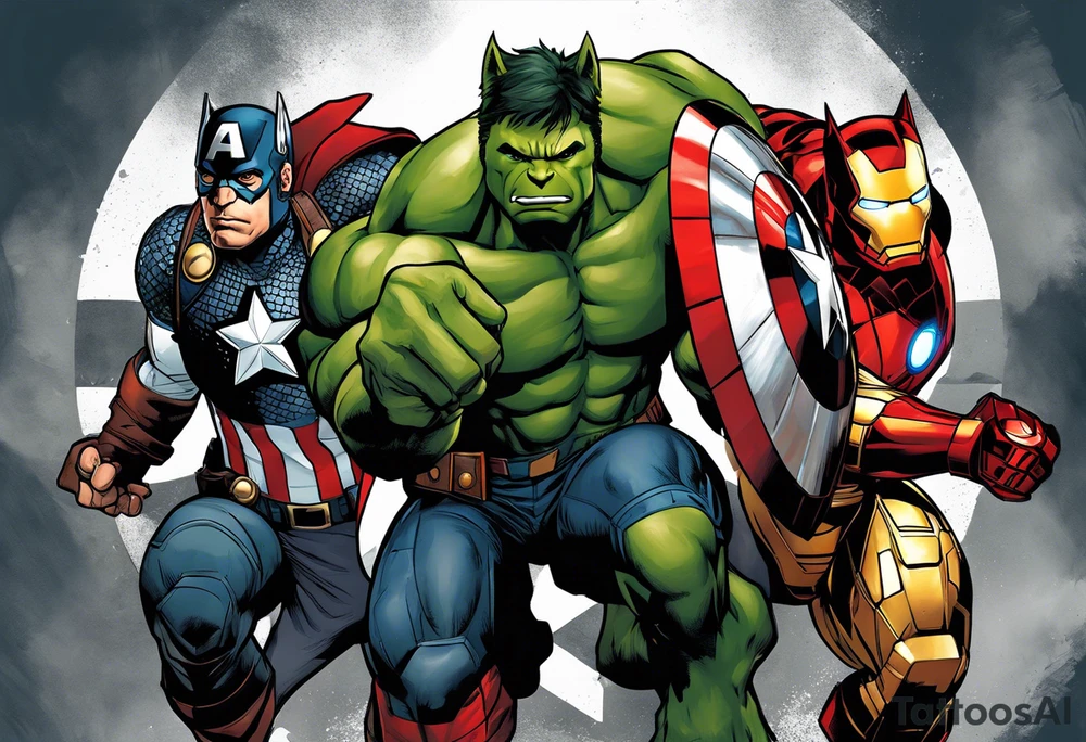I want to change Avengers Team characters with animals. Hulk will be Badger, Thor will be Alpha Grey Wolf, Captain America will be Bull, Iron Man will be Canary, Black Widow will be Axolotl, Hawk Eye will be Sudan Plated Lizard and Nick Fury will be Cat. tattoo idea