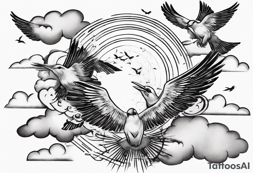 a shoulder tattoo with rays of light, clouds and birds flying free tattoo idea