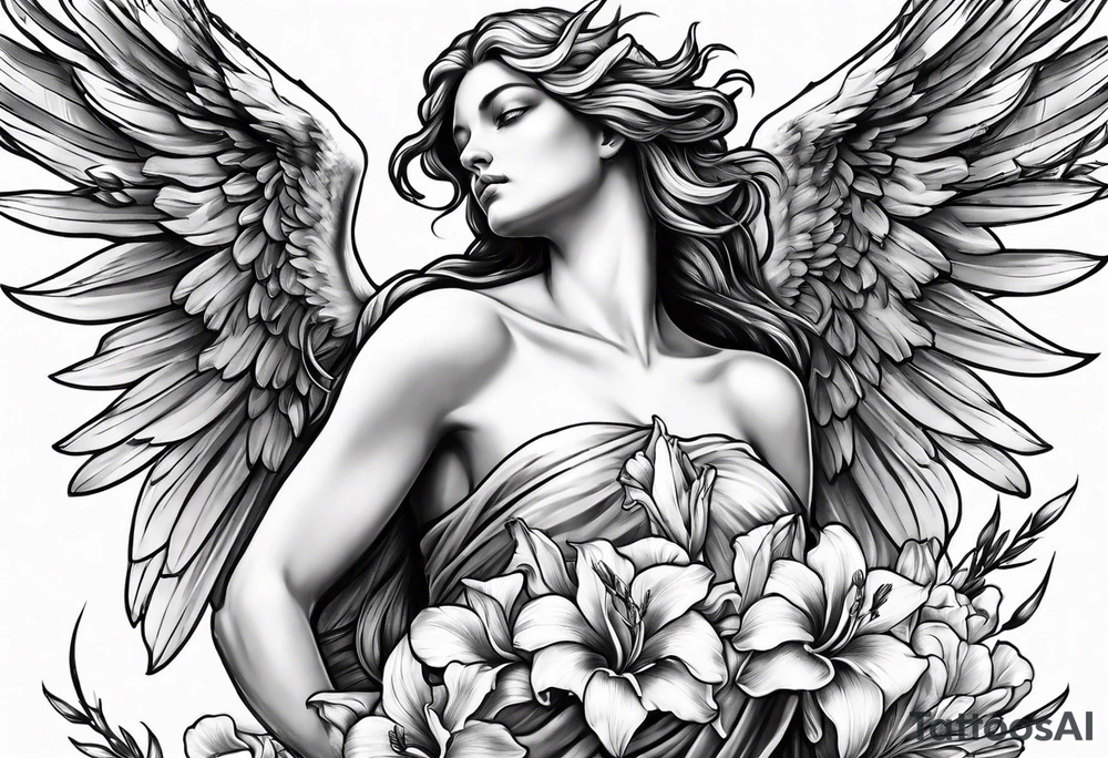 Angel holding gladiolus flowers reaching down tattoo idea