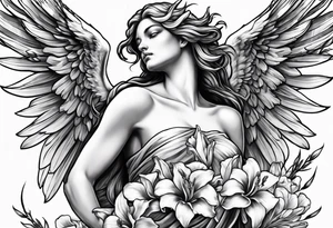 Angel holding gladiolus flowers reaching down tattoo idea