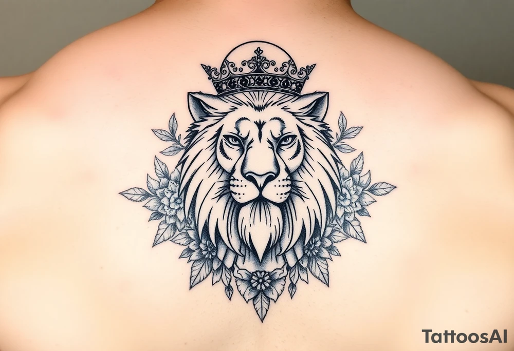 powerful majestic lion with a crown, surrounded by floral ornaments and moon tattoo idea