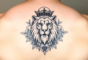 powerful majestic lion with a crown, surrounded by floral ornaments and moon tattoo idea