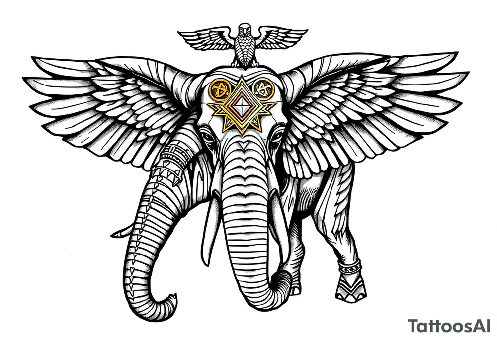 A horned African elephant with ears that resemble the wings of a falcon and covered in Egyptian symbolism tattoo idea