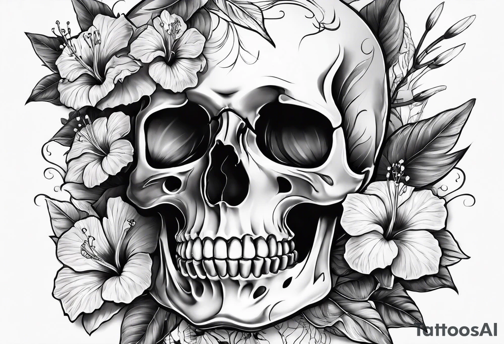 a female skeleton with hibiscus flower. tattoo idea