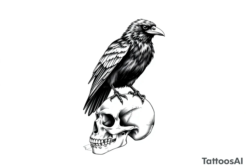a raven stands on a skull,bones. tattoo idea