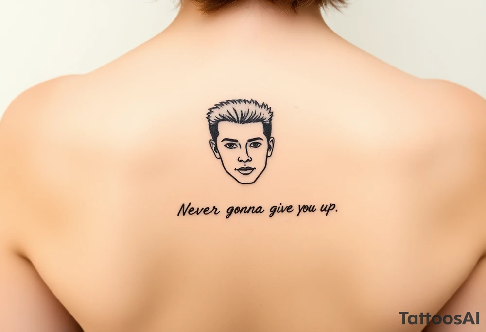Rick Astley Face and Never Gonna Give You Up text tattoo idea