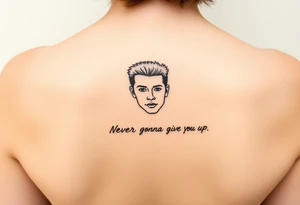 Rick Astley Face and Never Gonna Give You Up text tattoo idea