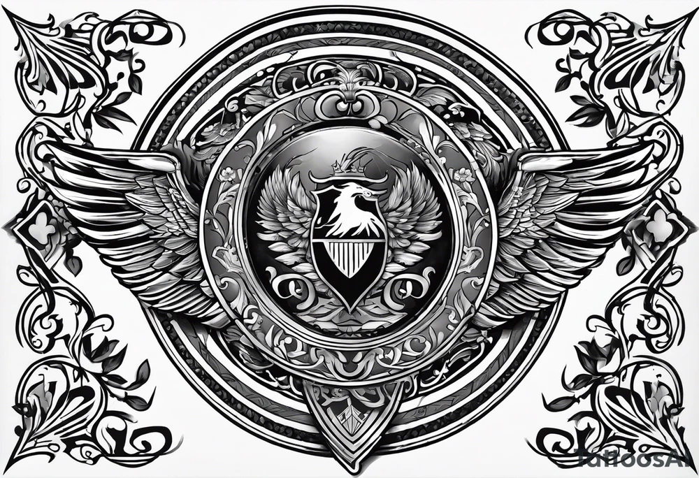 Design a large chest shield the includes the upper shoulder.  The theme should be family forever.  In the center of the chest shield will be the Avallo e family crest. tattoo idea