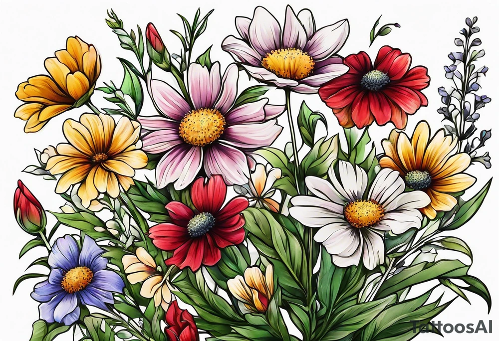 simple long stem wildflower bouquet tattoo idea