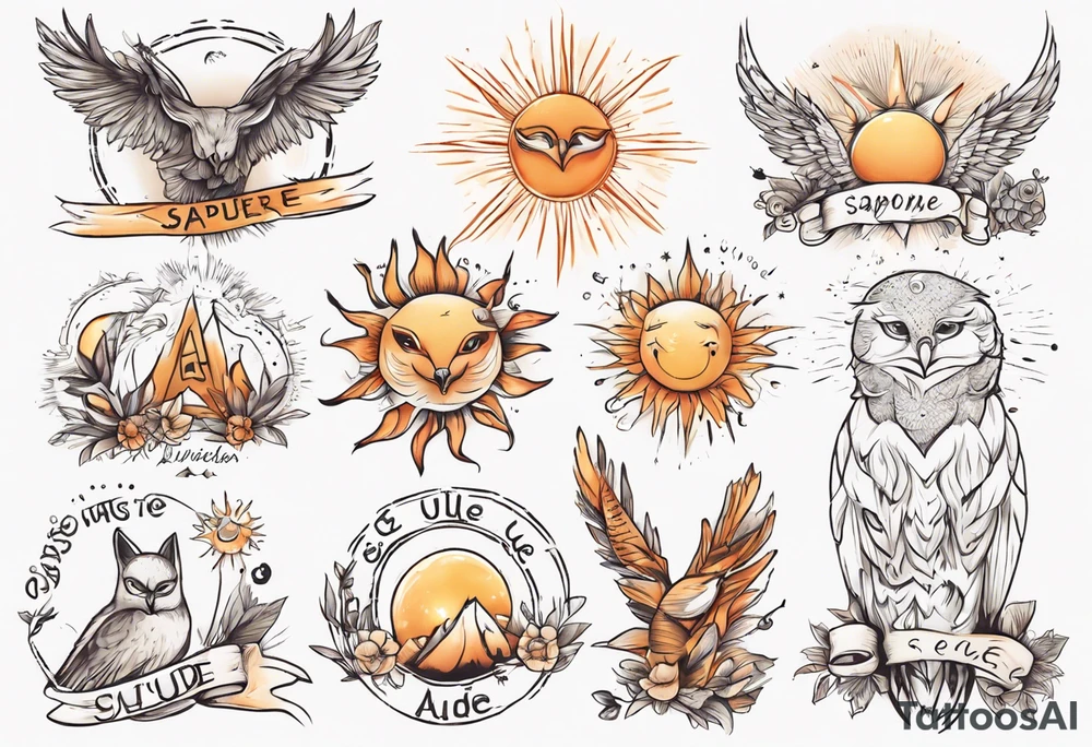 Fuchs und Eule unter der Sonne mit dem Schriftzug Sapere Aude tattoo idea