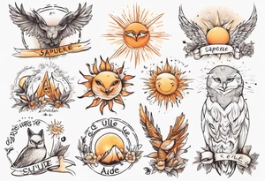 Fuchs und Eule unter der Sonne mit dem Schriftzug Sapere Aude tattoo idea