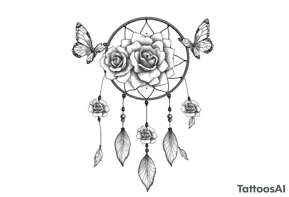 Beautiful Dreamcatcher roses and butterflies tattoo idea
