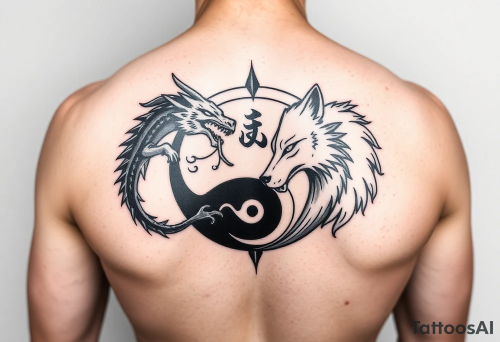 Ying yang symbol with one side a dragon and one side a wolf tattoo idea