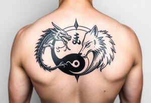Ying yang symbol with one side a dragon and one side a wolf tattoo idea
