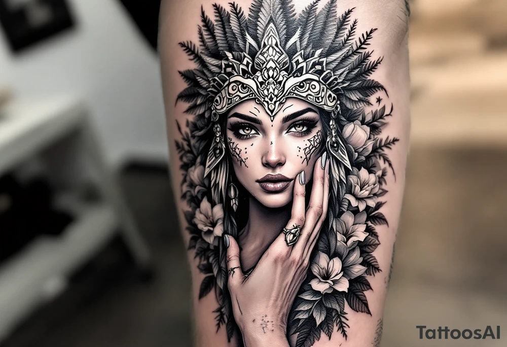 powerful beautiful women warrior with jaguar headdress surrounded by flowers and with a guiding hand tattoo idea