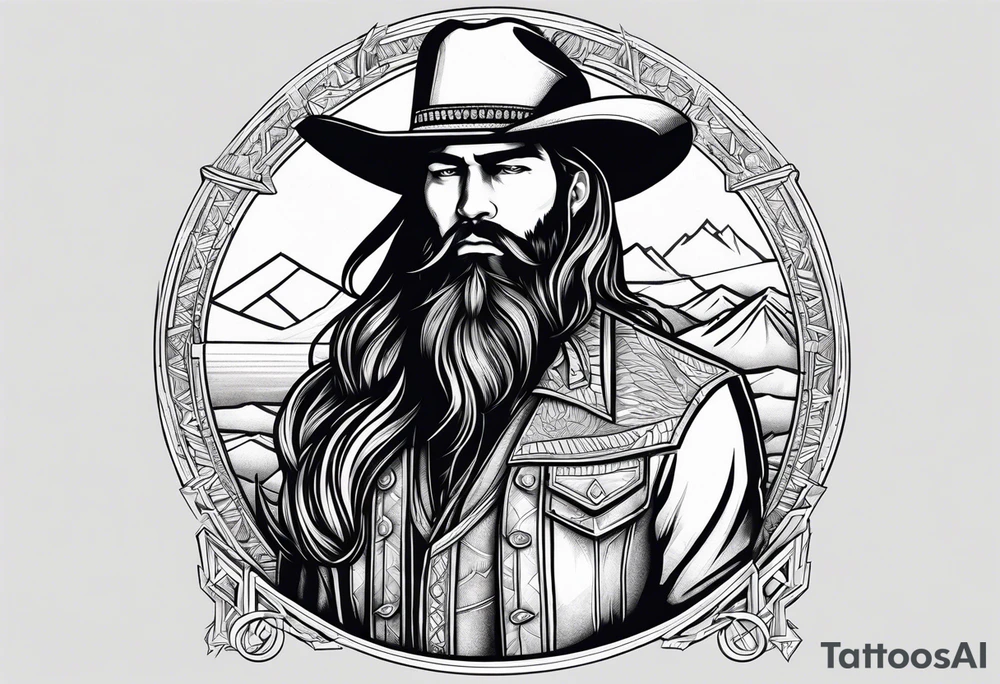 Cowboy with long hair and beard, white letters jacket tattoo idea