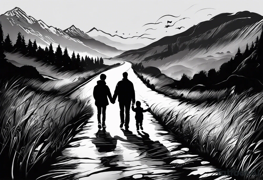 the following text: Come take my hand
We walk this road together 
through the storm
Whatever weather 
cold or warm
you're not alone
we're on the same road

plus a father and son picture with a football walking on a way 

plus a baby hand hold by an adult hand tattoo idea