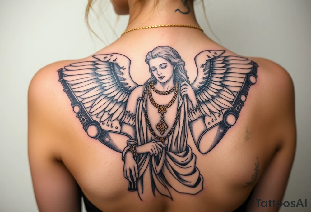 old angel statue in criminal style, tattooed and at the same time contemporary, weapons in hand, gangster-style gold necklaces tattoo idea