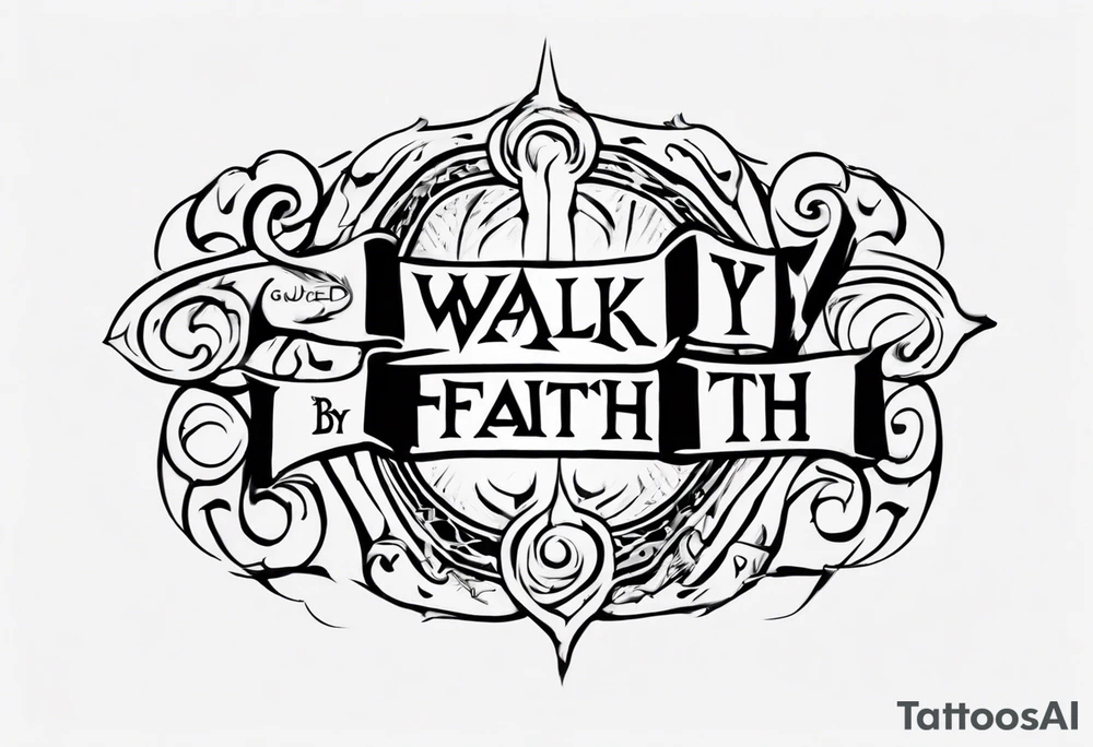 Horizontal inner bicep tattoo. “walk by faith, not by sight” stairwell wrapping around the quote. This design captures the essence of the journey guided by faith. tattoo idea