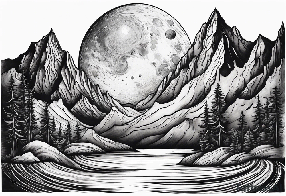 A moon that Drips at the bottom Surrounded by Mountains and waves. tattoo idea A moon that Drips at the bottom Surrounded by Mountains and waves. tattoo idea
