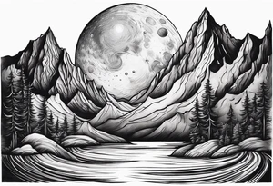 A moon that Drips at the bottom Surrounded by Mountains and waves. tattoo idea