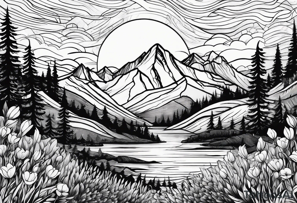 small, fine line, mountains, sun, wildflowers tattoo idea small, fine line, mountains, sun, wildflowers tattoo idea