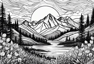 small, fine line,  mountains, sun, wildflowers tattoo idea